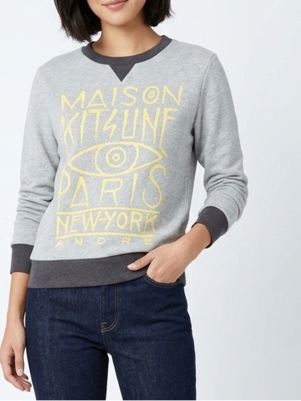 ⚡️MAISON KITSUNE Paris New York Andre Yellow Grey Crewneck Sweatshirt